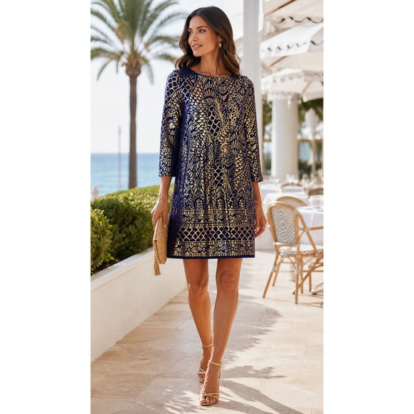 Lilly Pulitzer Dresses & Skirts - Lilly Pulitzer Ophelia Gold Metallic Foil Navy Shift Dress S Holiday Resort